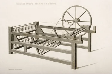 De Spinning Jenny, uitgevonden door James Hargreaves in 1764, 1835