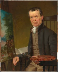 Portret van Edward Hicks die het vreedzame koninkrijk schildert