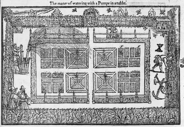 De manier van water geven met een pomp in een ton, uit The Gardeners Labyrinth, 1577