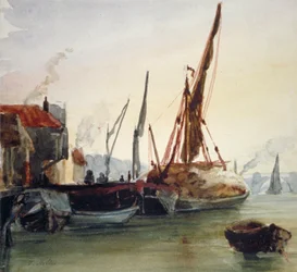Gezicht op boten afgemeerd aan de Theems bij Bankside, Southwark, Londen, ca. 1830