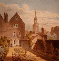 Een uitzicht op het huis en de tuin van meneer Upcott met de kerk van Islington in de verte