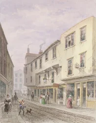 Oud huis bij de ingang van Leather Lane, 1857