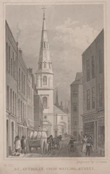 St. Antholin, van Watling Street, gegraveerd door A. Cruse, c.1830