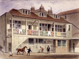 De herberg De Zwarte Leeuw, Whitefriars Street, Londen, ca. 1855