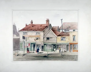 The Hare and Hounds Inn en winkelpuien op Upper Street, Islington, Londen, ca. 1835