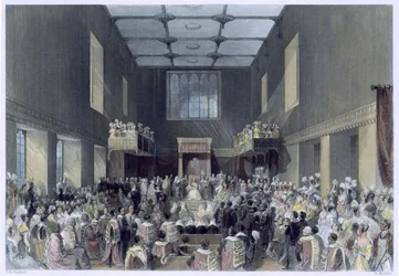 Het Hogerhuis, Hare Majesteit opent de zitting van het parlement, gegraveerd door Henry Melville, ca. 1840