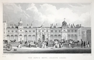 De Koningsstallen, Charing Cross, uit Londen en zijn Omgeving in de Negentiende Eeuw, gepubliceerd door Jones und Co., 1827-1829
