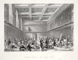De leeszaal en bibliotheek in het British Museum, uit 