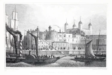 De Tower of London, vanaf de Theems, uit 