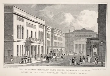 United Service Military Club House, Haymarket Theatre en een deel van de Opera Colonnade vanaf Regent Street, uit 