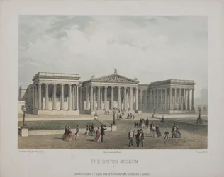 Uitzicht op het British Museum, met bezoekers die buiten wandelen, 1854