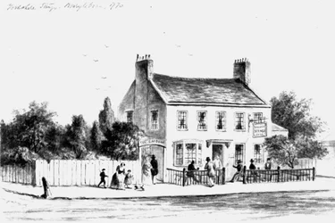 Uitzicht op het Yorkshire Stingo Café in Paddington, 1860-1859 (tekening)