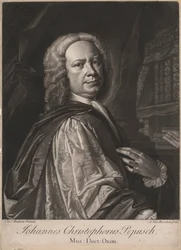 Johannes Christophorus Pepusch, gegraveerd door Alexander van Haecken, c.1735