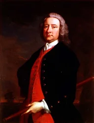 Portret van Edward Henry Sartorius met een telescoop en een kustlandschap op de achtergrond