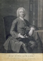 Portret van George Graham (1673-1751) klokkenmaker, gegraveerd door John Faber (1684-1756)