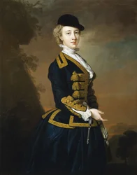 Portret van Nancy Fortescue, gekleed in een donkerblauw rijkostuum met gouden tressen en muts