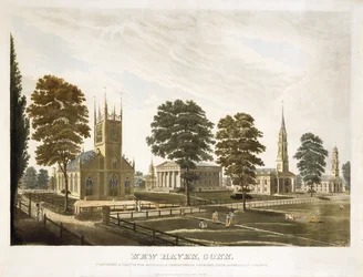 New Haven, Conn. Omvattende een uitzicht op de Episcopale en Presbyteriaanse kerken, het State House en Yale College