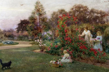 In de tuin van de kunstenaar, Yapton, Sussex. Een moeder en haar twee kinderen plukken rozen in een tuin. Schilderij van Thomas James Lloyd (1849-1910 Brits) Privécollectie