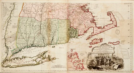 Een kaart van het meest bewoonde deel van New England, met de provincies Massachusetts Bay en New Hampshire met de koloniën Connecticut en Rhode Island