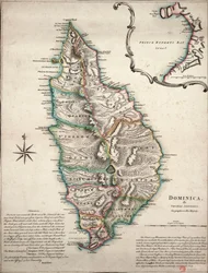 Kleurkaart van Dominica met gedetailleerde geografische observaties, ca. 1760 (handgekleurde gravure)