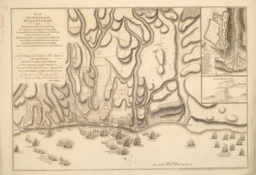 Plan van de aanval op Basse-Terre op het eiland Guadeloupe door een eskader oorlogsschepen van Zijne Majesteit onder bevel van commodore Moore op 22 jan. 1759, alsook de kampen van het Britse leger onder bevel van gen. Hopson en de Franse verschansingen