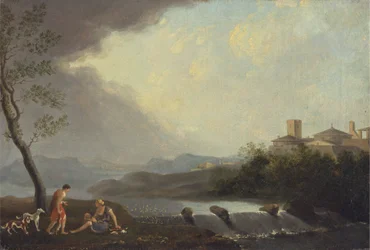 Een denkbeeldig Italiaans landschap met klassieke figuren en een waterval