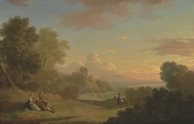 Een denkbeeldig landschap met een reiziger en figuren met uitzicht op de baai van Baiae