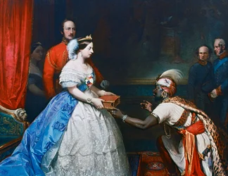 Koningin Victoria overhandigt een Bijbel in de audiëntiezaal in Windsor, ca. 1861