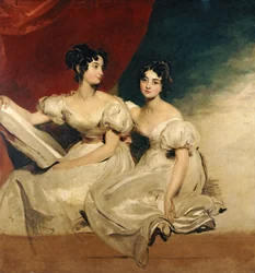 Dubbelportret van de gezusters Fullerton, zittend ten voeten uit, in witte jurken, ca. 1825