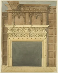 Schoorsteenmantel en lambrisering, gedateerd 1632, in huis aan de noordkant van St Nicholas Street