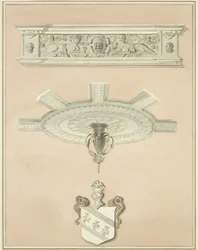 Details van kamer in de Law Library, inclusief centraal plafondornament en kroonlijst