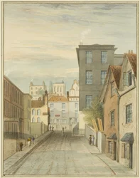 Deel van Magdalen (Lower Maudlin) Lane met het ziekenhuis