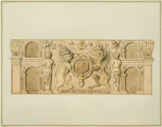 Wapenschild van Koningin Elizabeth in eikenhout, voorheen in een huis aan het zuidwestelijke einde van Clare Street