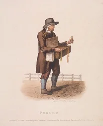 Marskramer met zijn doos vol waren om zijn nek gehangen, 1820