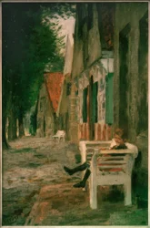 Straat met meisje op de bank