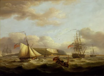 Een cutter die achter een fregat langs vaart, begin 19e eeuw