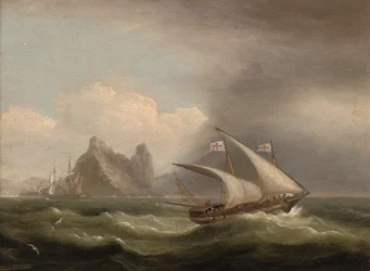Een gewapende Xebec in de Middellandse Zee, een Britse fregat achter haar en langs een rotsachtige kust, 1822