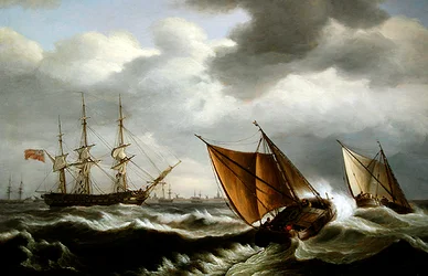 Nederlandse kustvaartuigen met een Engelse fregat voor anker in een storm bij Harwich