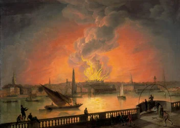 De brand van Drury Lane Theatre vanaf Westminster Bridge