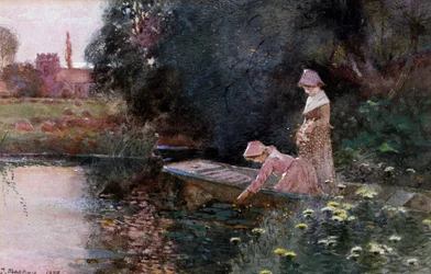 Waterlelies plukken. Twee jonge meisjes op een boot in een vijver plukken waterlelies. Schilderij van Thomas Mackay (1851-1920) Privécollectie
