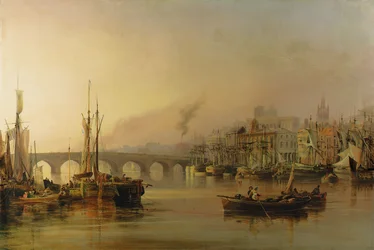 Uitzicht op Newcastle vanaf de rivier de Tyne, met schepen op de voorgrond, 1831