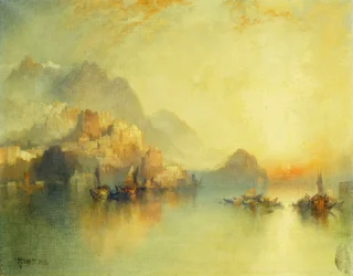 Een dorp op een heuvel bij zonsondergang, 1918