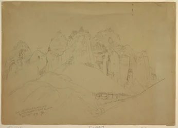 Tekening, Rio Virgin rivier met grote rotsformaties, 1873