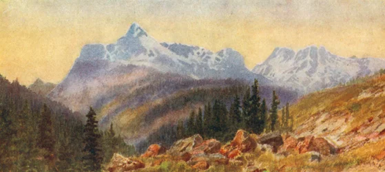Van de voet van Eagle Peak, Selkirk Mountains (kleurenlitho)