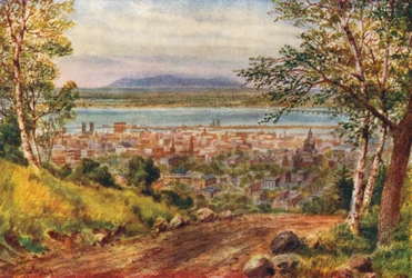 Montreal, de echte St Lawrence vanaf de berg (kleurenlitho)