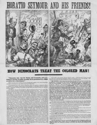 Horatio Seymour en zijn vrienden! : Hoe democraten de gekleurde man behandelen! : Onthoud dit: dat de bloederige, verraderlijke en revolutionaire doctrine van publieke noodzaak kan worden uitgeroepen door een menigte