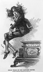 Oscar Wilde op onze Gietijzeren Kachels. Nog een Amerikaans Instituut waarop gezeten wordt, illustratie uit Harpers Weekly, gepubliceerd 1882