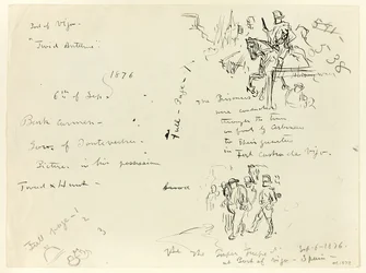 Blad met schetsen: Soldaat te paard en soldaat met sabel die gevangene veroordeelt (recto); Sheet of Sketches (verso)