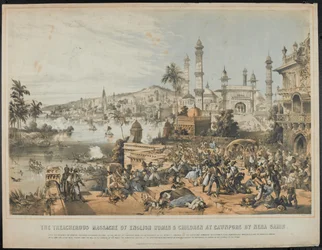 De verraderlijke afslachting van Engelse vrouwen en kinderen bij Cawnpore door Nena Sahib tijdens de Indiase Muiterij van 1857, gedrukt 12 oktober 1857 (getinte litho)