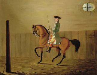 Heer op een Bruin Paard in een Rijschool
